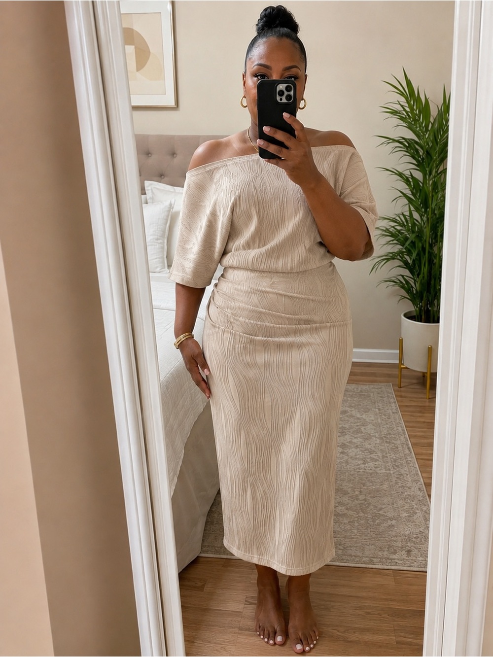 Plus Size Beige Pleated Midi Dress 3XL – Off-Shoulder Elegant Style